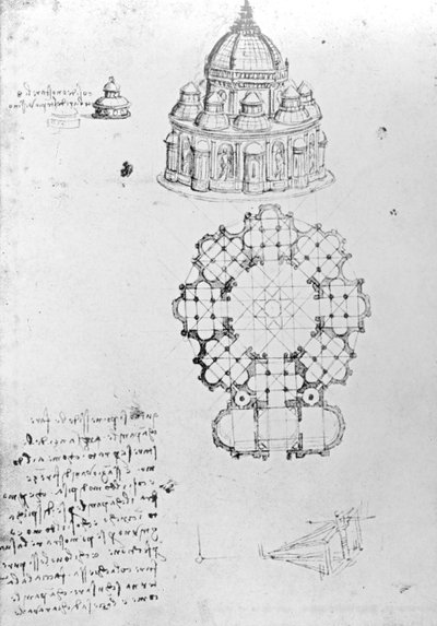 Centralised church, and maritime engineering, Fol. 5v from Codex Ashburnham by Leonardo da Vinci